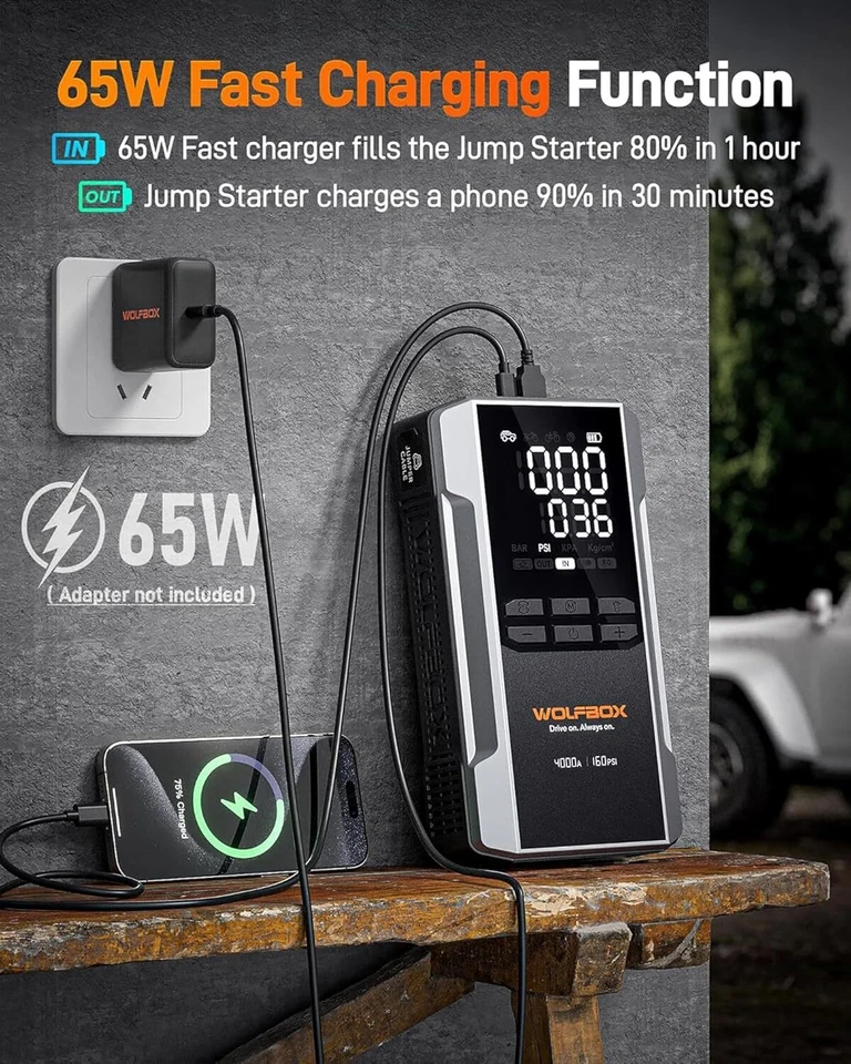 WOLFBOX Jump Starter with Air Compressor, 4000A Portable Car Battery Booster - Image 4 of 4