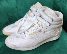 Vintage 90s Reebok Classic Hi Top Shoes White Gold Splatter Women's Sz US 7 RARE