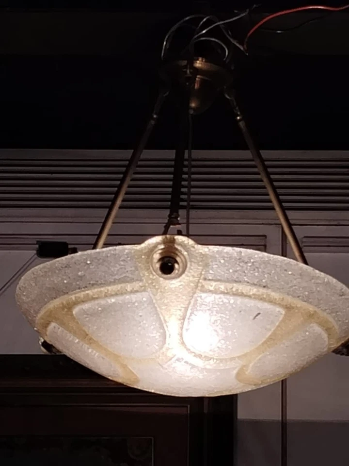 VINTAGE ART DECO FIXTURE PAIR OF GLASS LAMP DOME CHANDELIER BRASS CEILING LIGHT - Image 2 of 4