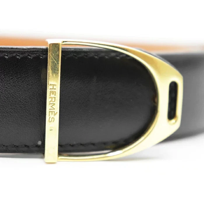 Hermes Leather Belt Men Etrie D Gold Buckle Reversible Black P *Bvj5046