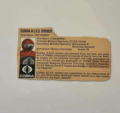Vintage Hasbro GI Joe ARAH 1983 Hiss Tank Driver File Card A - Picture 1 of 1