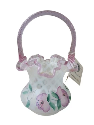 Fenton Art Glass 1995 Lynn Fenton Signature Series Hand Painted Trellis Basket