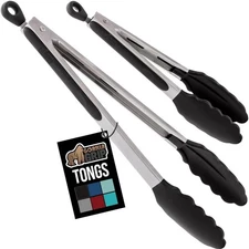 GORILLA GRIP Stainless Steel Heat Resistant Kitchen Tongs for Cooking, Set of 2 