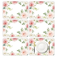 6 Pcs Pink Flower Plastic Placemats, 11x16 Inch Summer Pink White pink floral
