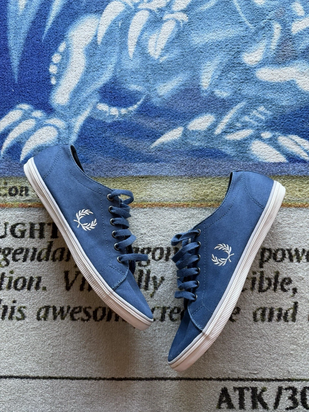 Fred Perry Kingston Twill Blue Canvas Casual Shoes Men’s Sz 8 Wreath British