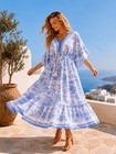 Robe bohème longue bleu blanc fluide col V femme 40/44 été chic