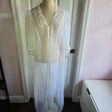 Val Mode Vintage White Long Robe Sheer Mesh And Lace Size S Tie Front Lingerie