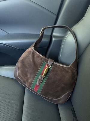 Vintage 1970s Gucci Jackie Brown Suede Web Stripe Crossbody Shoulder Bag