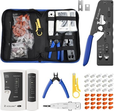VCELINK Netzwerk Werkzeug Set mit RJ45 Crimpzange, 20x Cat7 Cat6a Stecker, LSA