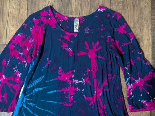 India Boutique Colorful Tie Dye Blue & Pink V Hem Starburst Tunic Free Size-Med - Picture 3 of 18