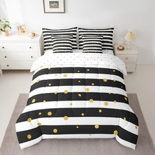 Queen Comforter Set 7 Pcs Black and White Stripe Bed in a Bag for Girls Boys Glo