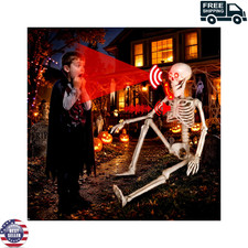 36in Animated Skeleton Halloween Prop Motion Sound Activated Red Eyes Moving Jaw