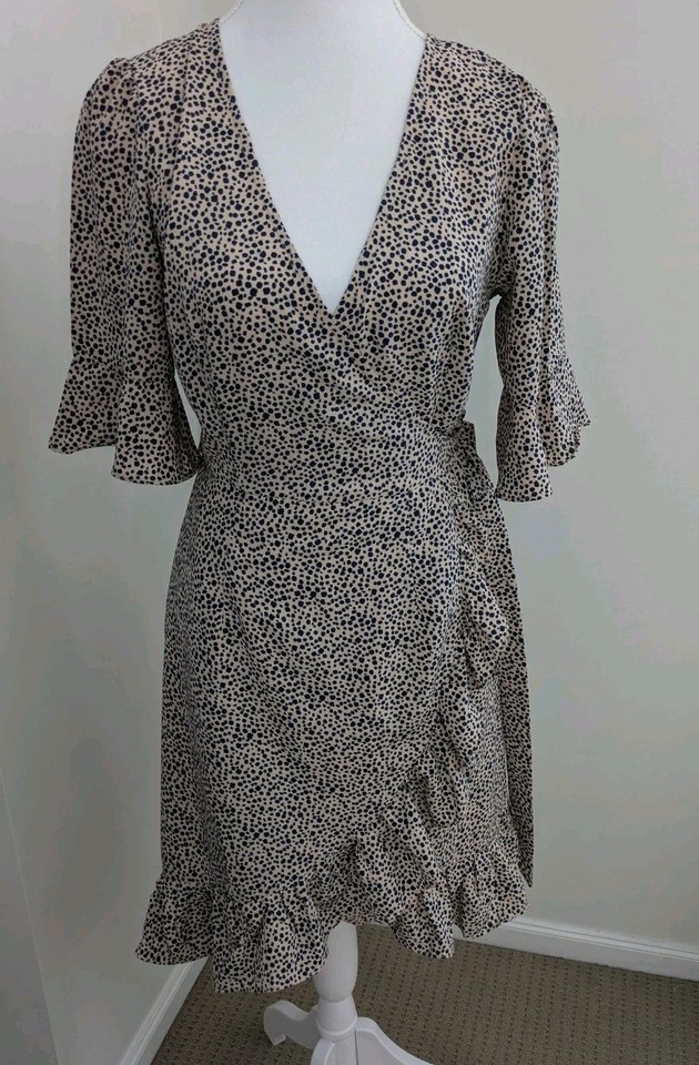 Ava Size 8 Blue & Cream Animal Print Wrap Dress