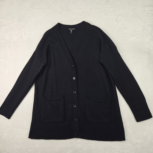 Eileen Fisher Black Cashmere Cotton Oversized V-neck Button Cardigan Sweater XS
