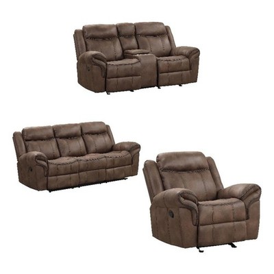 Pemberly Row 3Pc Manual Reclining Sofa Loveseat & Chair Set - Brown Faux Leather