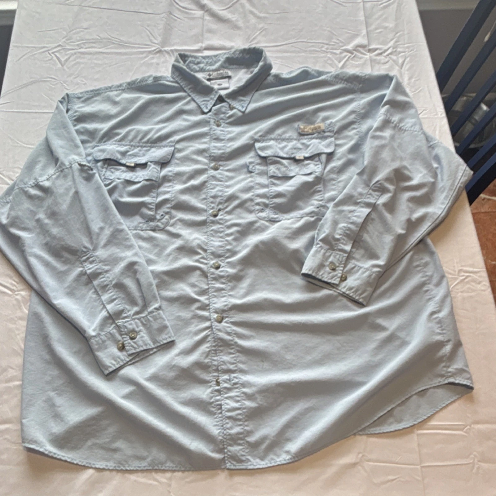 Vintage late 80s early 90sColumbia PFG XXL Light Blue Long Sleeve Fishing Shirt