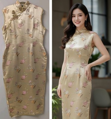 Vintage Asian Gold Floral CHEONGSAM Qipao Maxi Dress Wiggle Yin Xing M/L 42