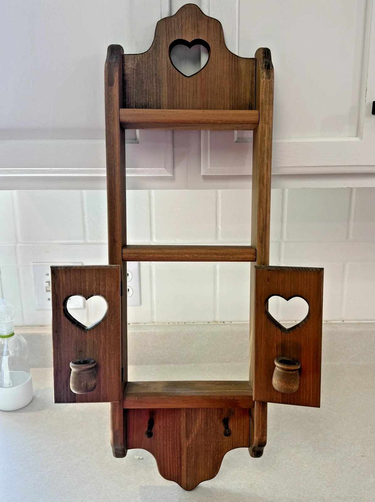 Vintage Wood Wall Shelf Hearts Doors Votives 2 pegs 28.5x9" Cottage Grandma Core