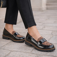 Women's Black Loafer Size 4-8 Patent Leather Leopard Print Chunky Sole Slip On
