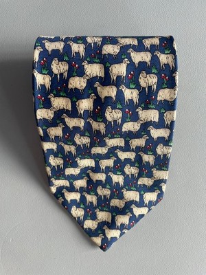 I Santi Navy Blue and Cream Sheep Print Silk Tie, PreOwned