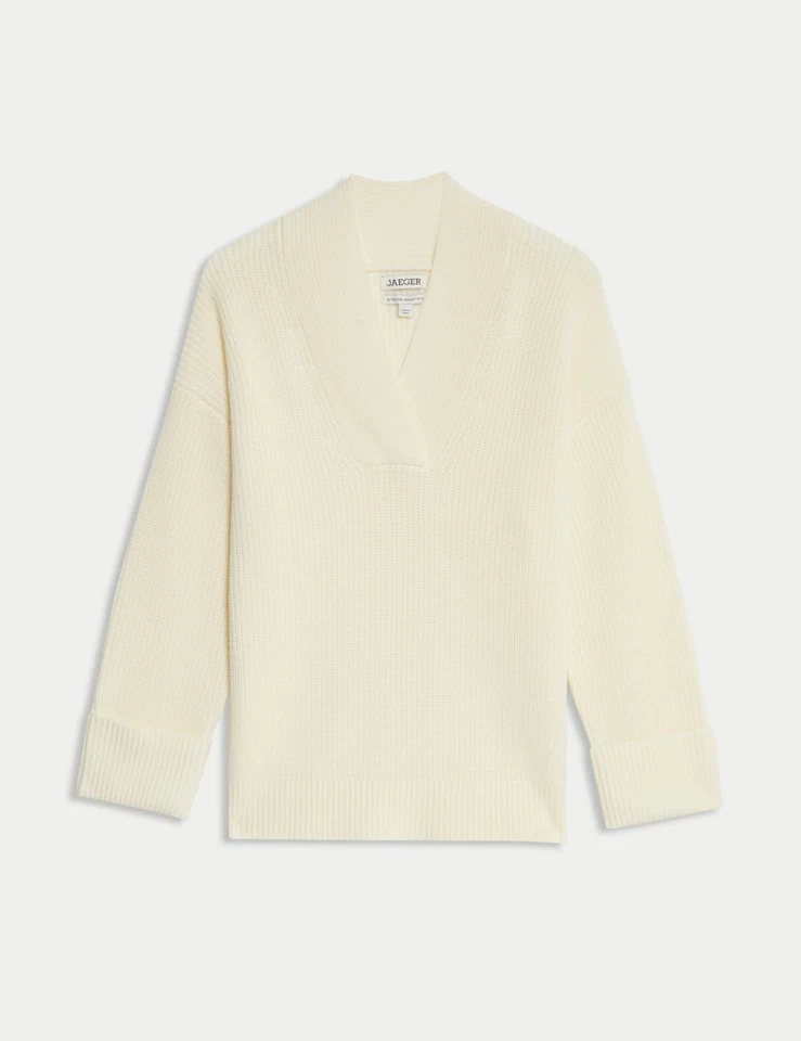 M&S - Jaeger Womens White Wool V-Neck Long sleeved Women Jumper - Image 2 of 4