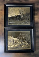 2 Vintage Currier and Ives 10" x 8" Framed Metalcraft Gold Foil Metallic Prints