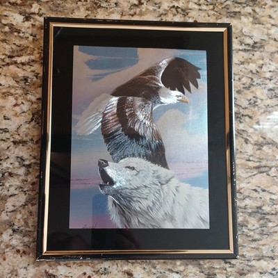 Vintage Framed reflective Wolf Howling and eagle flying 