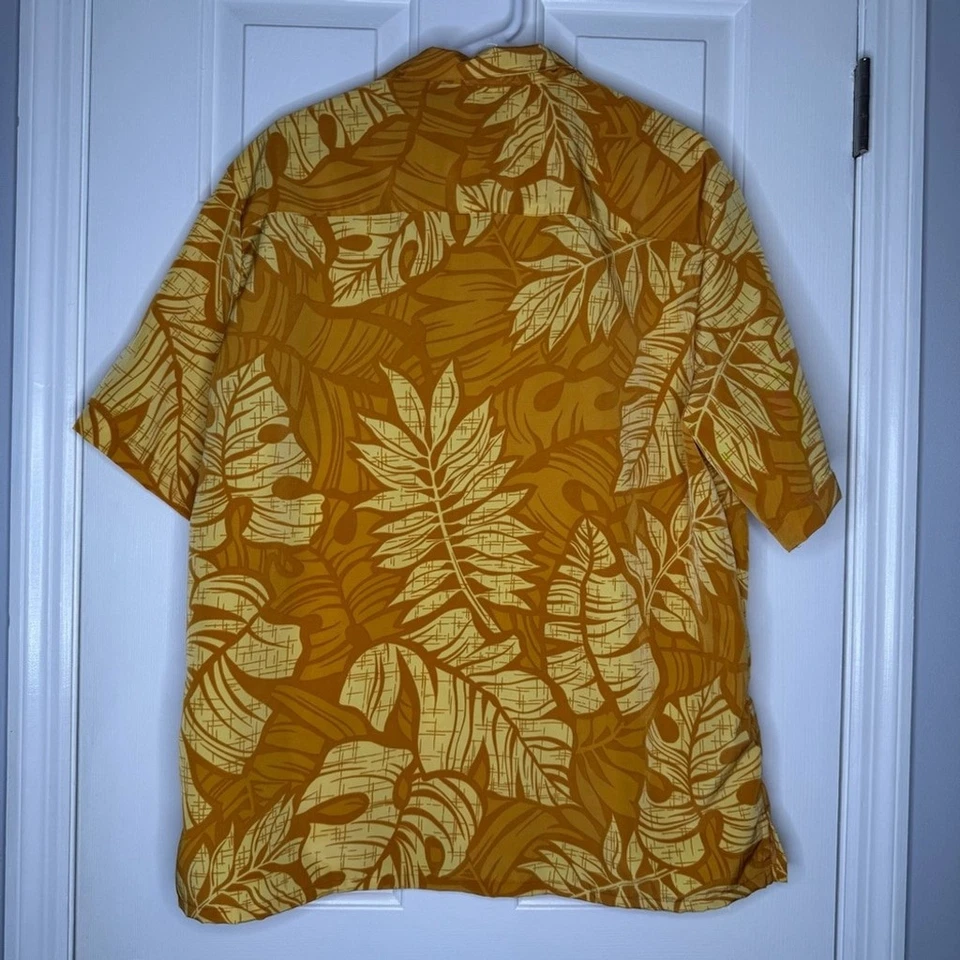 Camisa tropical masculina Edward’s laranja amarela grandes folhas de palma botão para cima havaiana - Imagem 4 de 4