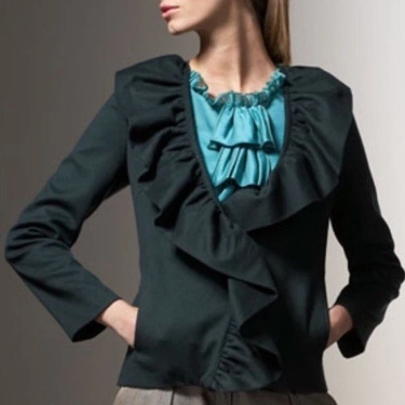 Chaqueta Blazer Milly Mujer Verde Oscuro Lana Volantes Retro Femenina 4 Foto 2 de 4