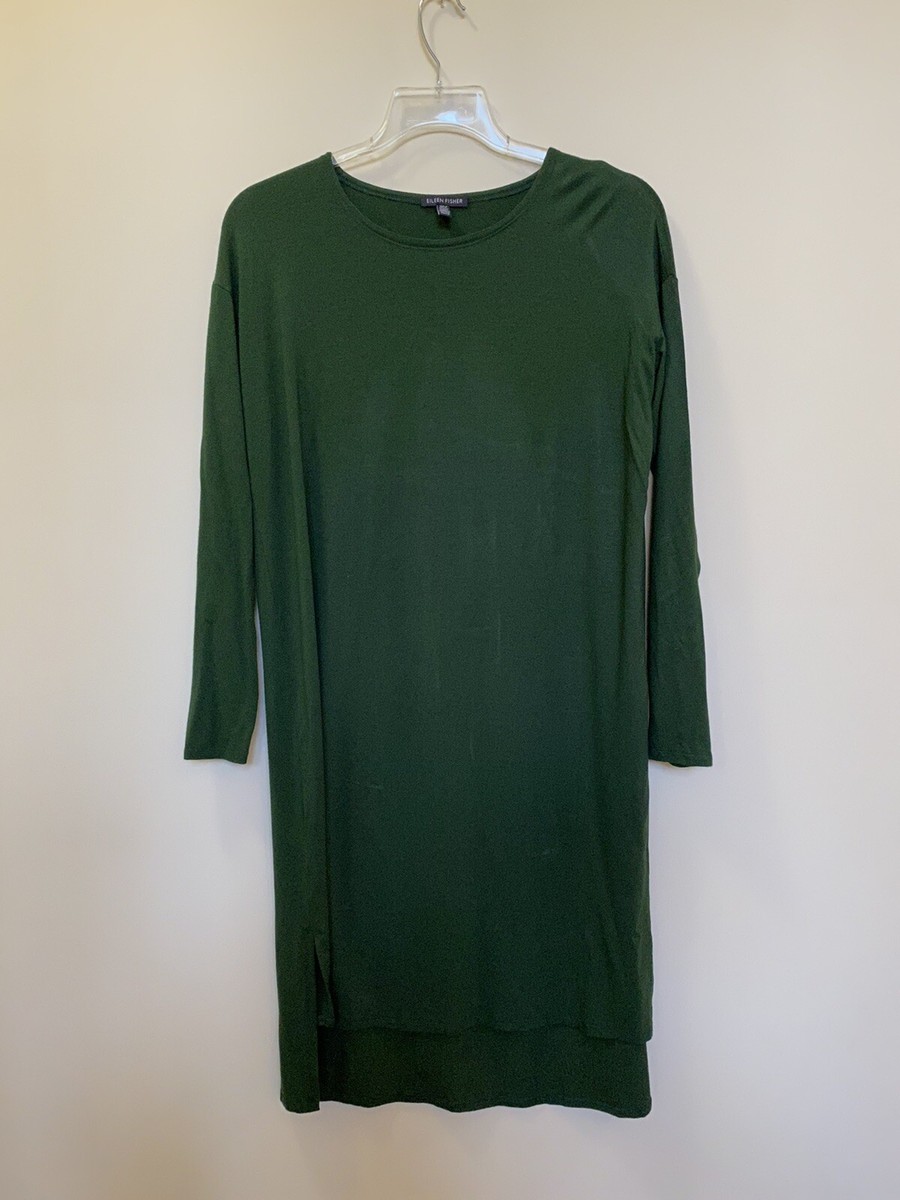 EILEEN FISHER Minimalistic Simple Green Long Sleeve High Low Shift Dress  Size XS
