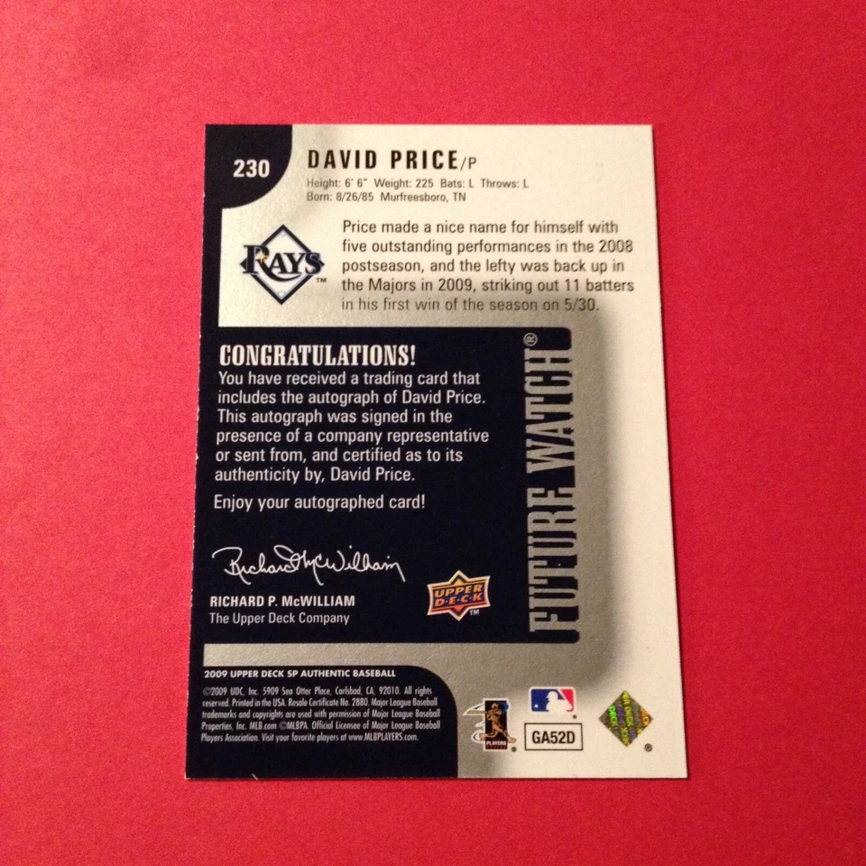 David Price 2009 UD SP 正品未来手表亲笔签名新秀/125! 完好! 免运费 — 第 3/3 张图片
