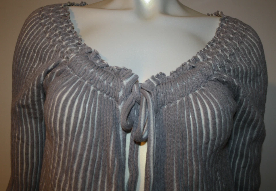 Sparrow Cardigan Sweater S Gray Purple White Ribbed Smocking Drawstring Tie - Image 3 of 4