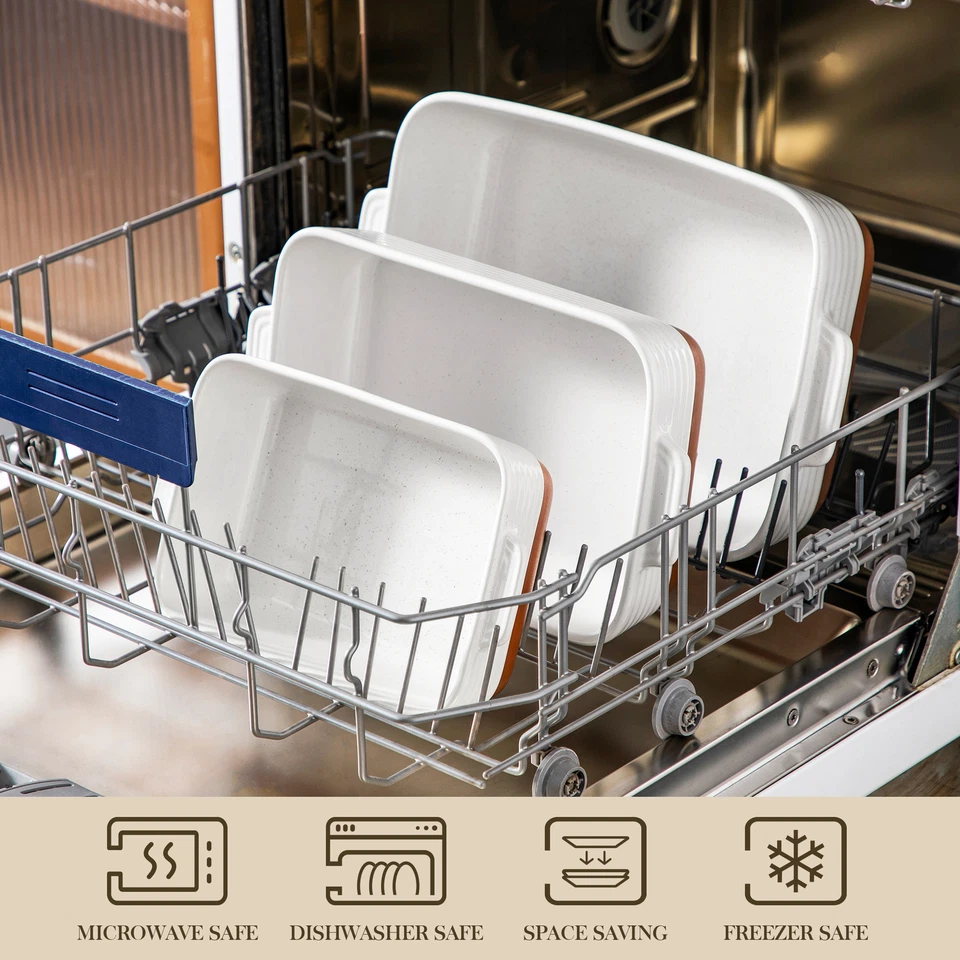 MALACASA 3-teilig Weiß & Khaki Steingut Auflaufform-Set Rechteckig Auflaufformen - Bild 3 von 4