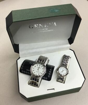 Geneva Men's & Women's Silver/White Tone Classic Collection Watch Set W/Box #1