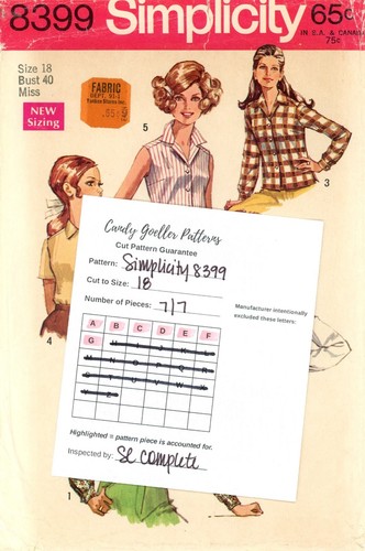 Simplicity 8399 Juego de Blusas con Cuello Muescado, Variaciones Manga Talla 18 CORTE - Imagen 2 de 4