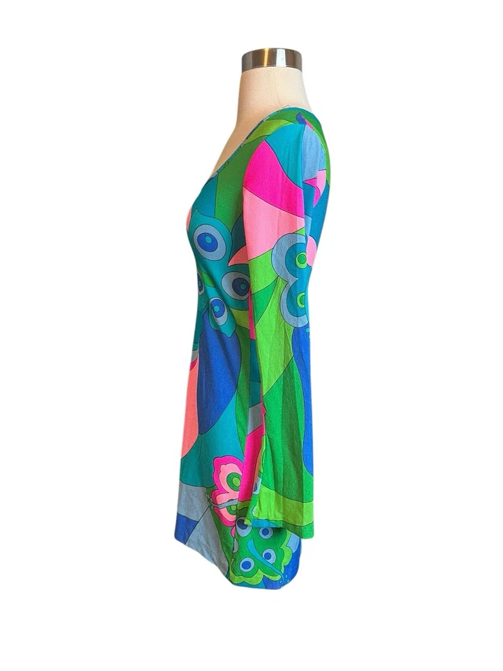 Vestido Betsey Johnson Vintage Años 90 Pequeño Mini Mangas Acampanadas Psicodélico Funky Foto 3 de 4