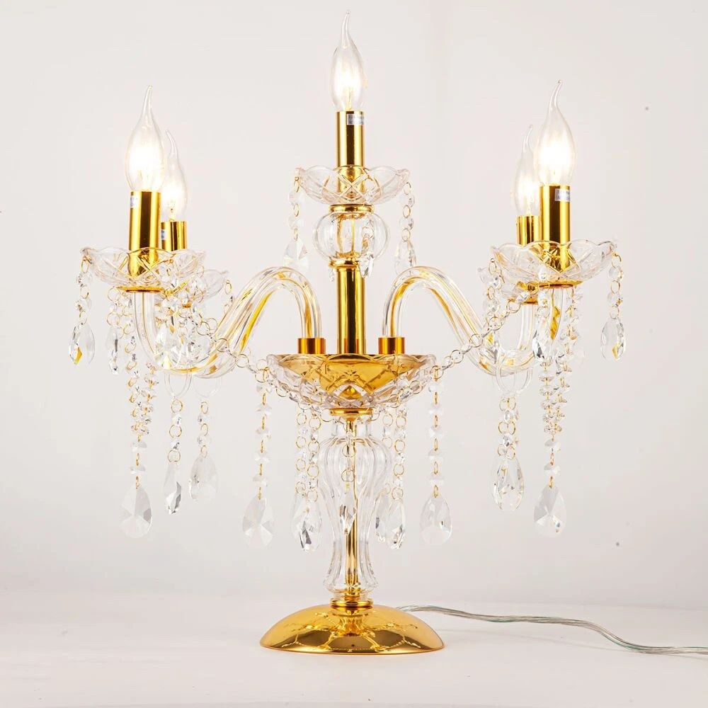 PAIR Genuine K9 Crystal Clear Gold Chandelier 5 Arms Glass Table Lamps