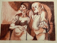 MID CENTURY DRAWING PAINTING LISTED BILL VOSS EXPRESSIONIST WOMAN MAN MODERNIST