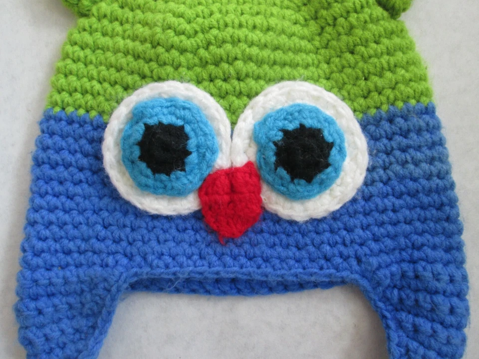 Bright Owl Knit Hat Acrylic Blue Green 12 Months to 2T Tie Bird Yarn Handmade? - Image 2 of 4