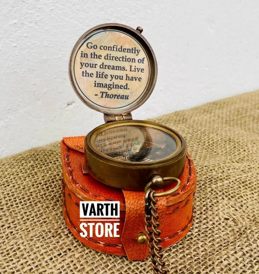 Винтажный антикварный латунный карманный компас морской морской компас с кожаной коробкой - Изображение 2 из 4