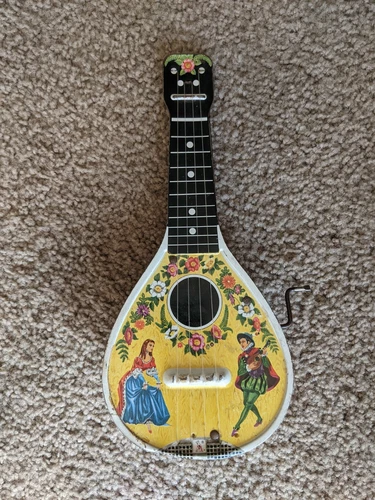 Vintage 1954 Mattel Tin Litho Wind-Up Mandolin Toy