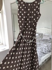 Polka Dot Taupe Mink Cream Dress Pretty Woman Style Fit & Flare Belt Uk 8 Silky