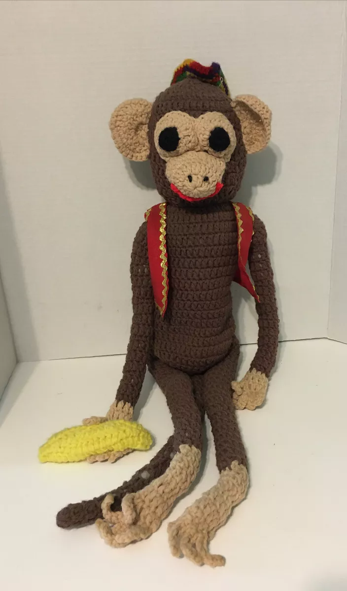 Vintage 28 Handmade Crochet Monkey With Red Vest Holding Banana Stuffed