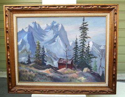 Vtg Landscape Oil Painting On Canvas Cabin in Mountains 18x24" Unsigned ...