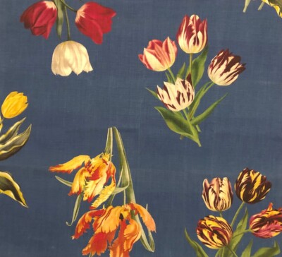 SCALAMANDRE Royal Delft Etudes de Fleurs Blue Linen Silk Floral Remnant New