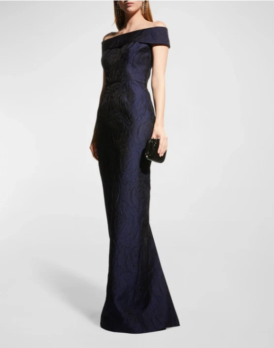 Vestido para mujer $580 Teri Jon by Rickie Freeman azul marino jacquard fuera del hombro 16 Foto 2 de 4