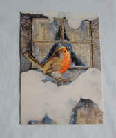 1X Postkarten Mili Weber Winter Rotkehlchen Fenster Schnee Kunst Vogel