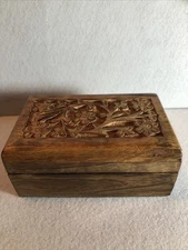 Vintage Hand Carved Hand Made Wood Jewelry Trinket Floral Flower Box