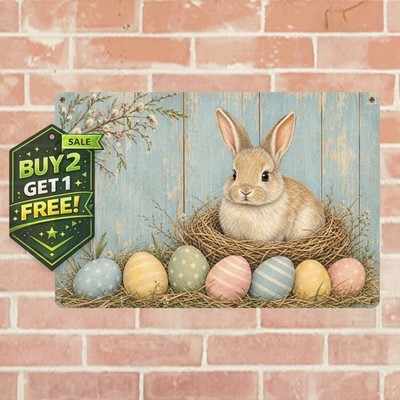 Pastel Easter Eggs Spring Bunny Nest Illustration Metal Tin Sign