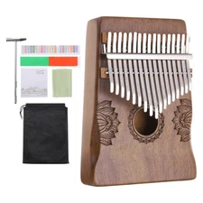 17 Keys Thumb Piano, Deep Brown Mini Portable Finger Piano Flower Handrail